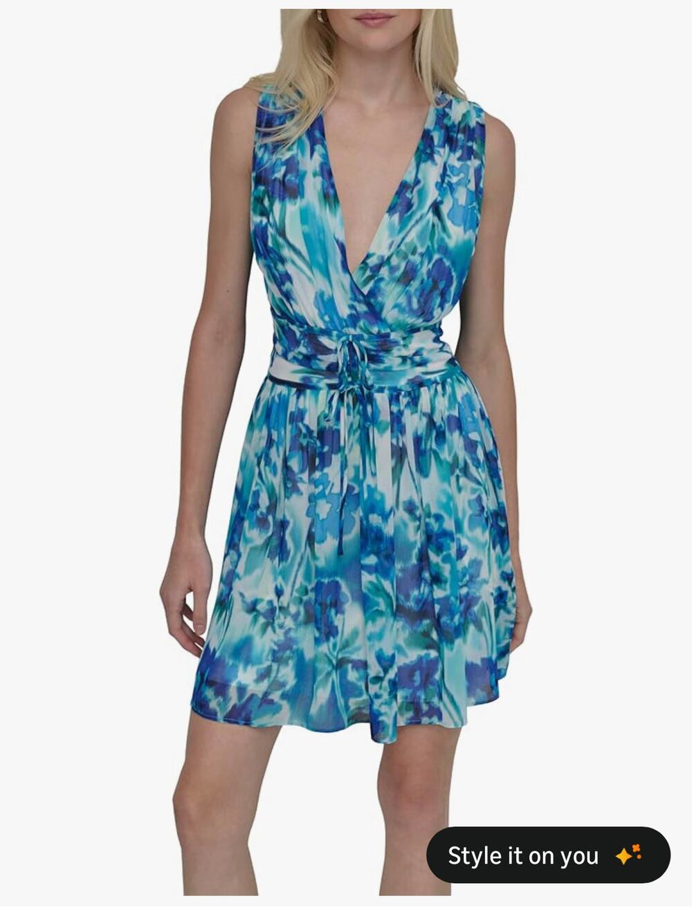 NWT DKNY Surplice Neck Ruched Drawstring Waist Mini Dress, Indigo Multi, sz 6